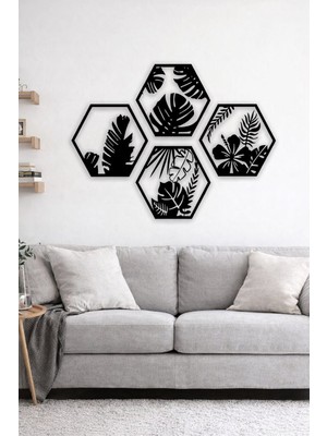 Zenvia Hexaleaf – Tropikal Yaprak Desenli Altıgen Ahşap Duvar Dekoru
