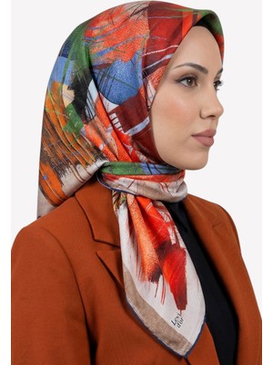 Hadiora Kadın Turuncu Mavi Soyut Desenli Kristal Eşarp
