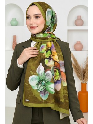 Hadiora Kadın Zeytin Yeşili Orkide Desenli Soft Şal