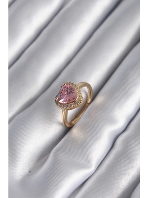 Zenvia Mey Ithalat® Pirinç Gold Renk Pembe Zirkon Taş Kalp Charm Model Kadın Yüzük