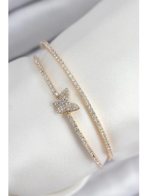 Zenvia Mey Ithalat® Pirinç Zirkon Taşlı Kelebek Model Gold Renk Kadın Bileklik