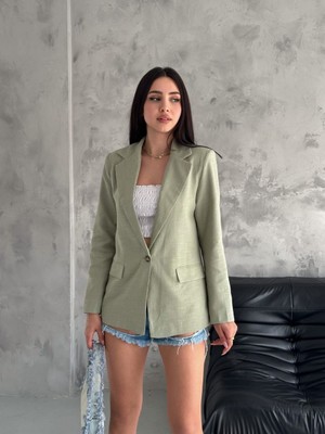 Boom Bester Kadın Flam Keten Astarlı Blazer Yazlık Ceket Çizgili Astar Detay Rahat Kalıp Ince Ceket