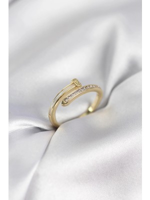Zenvia Mey Ithalat® Zirkon Taşlı Gold Renk Yassı Çivi Model Kadın Yüzük
