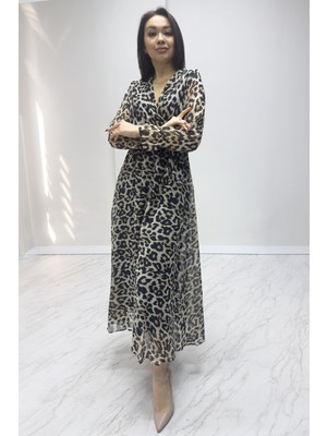 thezkscom Kadın Kruvaze Yaka Desenli Midi Şifon Elbise Batik, Lacivert Çiçek, Leopar, Sarı Çiçek