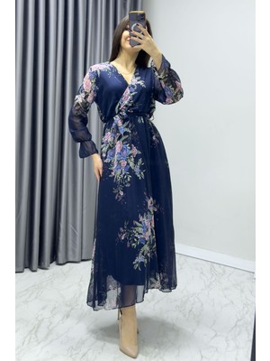 thezkscom Kadın Kruvaze Yaka Desenli Midi Şifon Elbise Batik, Lacivert Çiçek, Leopar, Sarı Çiçek