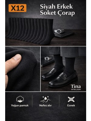 Tina Atelier 12 Çift Pamuklu Düz Erkek Uzun Soket Çorap Siyah Set