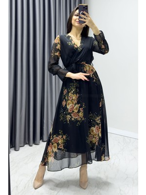 The ZKS Kadın Kruvaze Yaka Desenli Büyük Beden Şifon Midi Elbise Batik, Lacivert Çiçek, Leopar, Sarı Çiçek