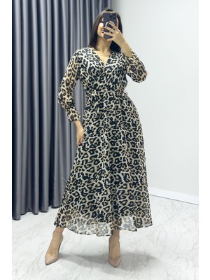 thezkscom Kadın Kruvaze Yaka Desenli Midi Şifon Elbise Batik, Lacivert Çiçek, Leopar, Sarı Çiçek