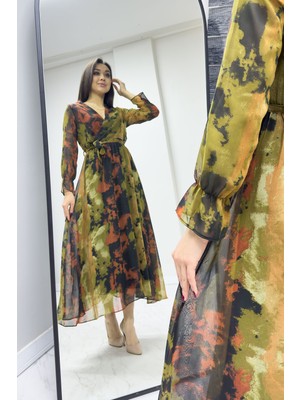 thezkscom Kadın Kruvaze Yaka Desenli Midi Şifon Elbise Batik, Lacivert Çiçek, Leopar, Sarı Çiçek