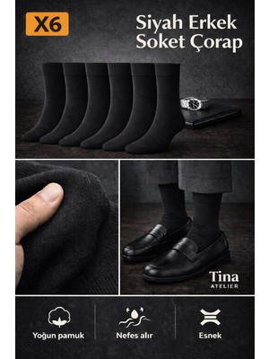 Tina Atelier 6 Çift Pamuklu Düz Erkek Uzun Soket Çorap Siyah Set