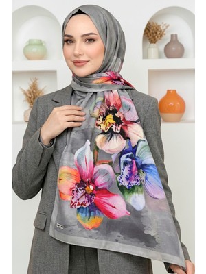 Hadiora Kadın Gri Orkide Desenli Soft Şal
