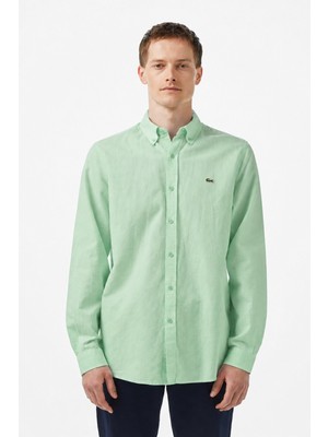 Lacoste Men's Regular Fit Button-Down Collar Linen Shirt Green Erkek Düğmeli Yaka Keten Gömlek Yeşil