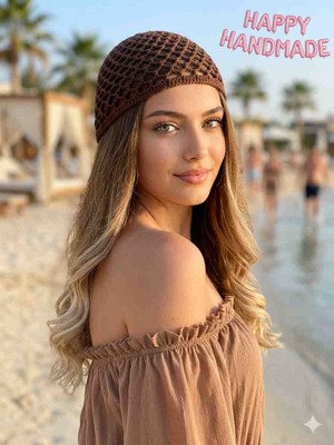 Happy Handmade Kahverengi Viral Kroşe Şapka/trend File Bere/file Şapka/bandana/yazlık Şapka