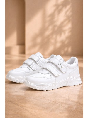 Rakerplus Hakiki Deri Beyaz Taşlı Kız Çocuk Sneakers Ayakkabı