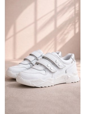Rakerplus Hakiki Deri Beyaz Metal Detaylı Kız Çocuk Sneakers Ayakkabı