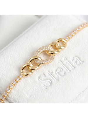 Stelia Bileklik - Zirkon Taşlı Gold Renk Zincir Tasarım Asansörlü Kadın Bileklik