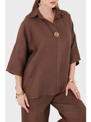 Viadante Via Dante Relaxed Fit Düğme Detaylı Klasik Yaka Keten Bluz Bayan Bluz 6617609