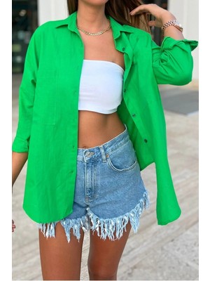 Biss Butik Standart Beden Oversize Keten Gömlek