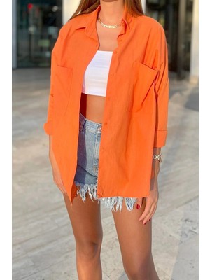 Biss Butik Standart Beden Oversize Keten Gömlek