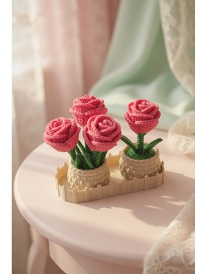 My Craft 3D Örgü Dokulu Gül Saksı ve Çit Standlı Set – Pembe Çiçekli Dekoratif Biblo, Ev Ofis Masaüstü Süs Ürünü Anneler Günü Hediyesi