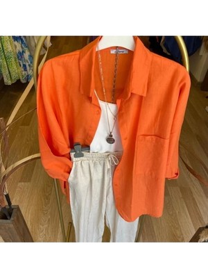 Larisa Collection Koyu Truncu Kadın Oversize Tek Cepli Keten Gömlek