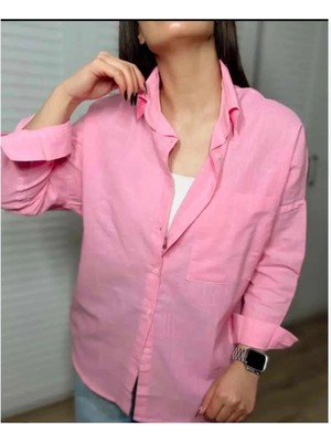 Larisa Collection Kadın Oversize Tek Cepli Keten Gömlek