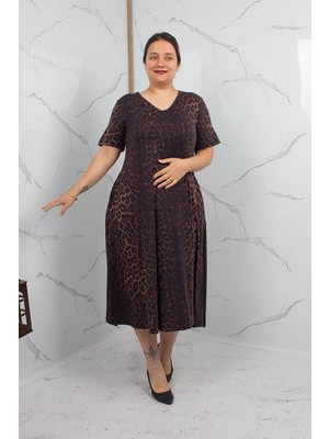 Truva Xxl Kahverengi Leopar Desenli V Yaka Midi Elbise