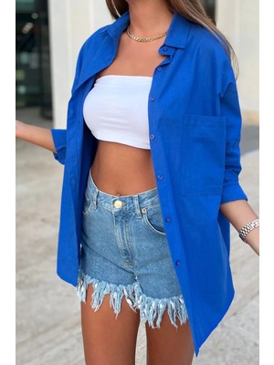 Biss Butik Saks Mavi Jakarlı Bir Yapısı Vardır Hafıf Toktur Standart Beden Oversize Keten Gömlek