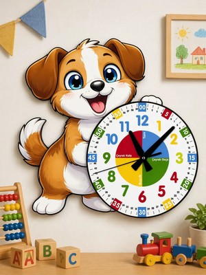 Karbonsoft Sevimli Köpek Montessori Çocuk Odası Eğitici Ahşap Duvar Saati - Sessiz Mekanizma, Şık Tasarım Saat