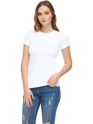 Tutku Elit Kadın Yarım Kol Elastan T-Shirt Beyaz Renk Esnek Kumaş Özelliği ile Rahat Kullanım