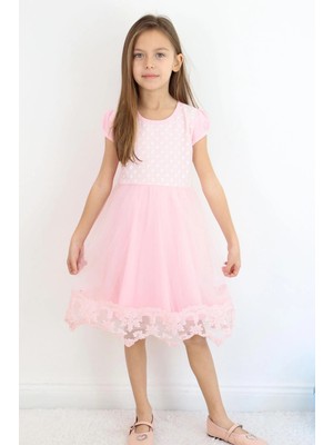 Breeze Kız Çocuk Elbise Vintage Dantel Detaylı Tüllü Çiçek Desenli Elbise 4-9 Yaş, Pembe