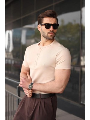 Madmext Bej Yarım Düğmeli Slim Fit Erkek Tişört E7186