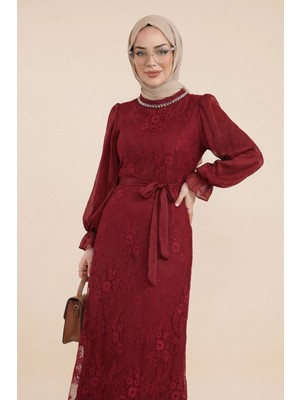 Moda Morfo Dik Yaka Kolları Janjan Şifon Kemerli Dantel Elbise -Bordo
