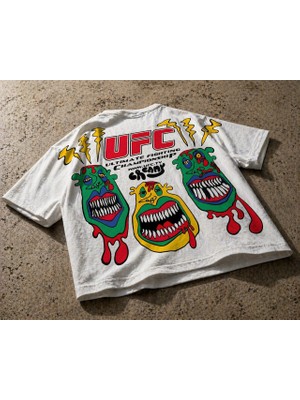 Oversize Beyaz Tişört – Ufc Baskı Desenli, %100 Pamuk, Unisex Streetwear
