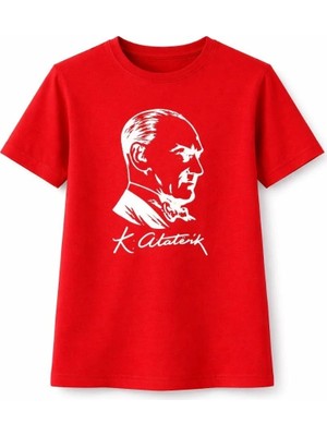 Giyim Center Kız Çocuk Atatürk Baskılı Tişört Kısa Kollu Bisiklet Yaka T-Shirt - Kırmızı