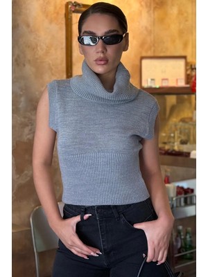 Madmext Gri  Aura Kolsuz Balıkçı Yaka Triko Bluz MG2825