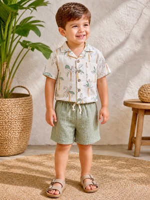 The Littles Kids %100 Pamuklu Müslin Kumaş Palmiye Desenli Haki Renk Şort Gömlek Erkek Çocuk Bayramlık Yazlık Takım