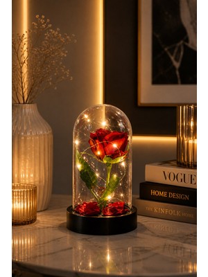 Kesene LED Işıklı Fanus Solmayan Gül Sevgiliye Romantik Özel Gün Hediyesi Dekoratif Gece Lambası