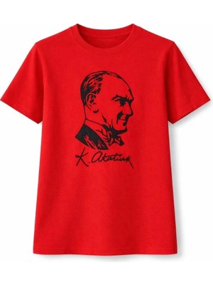 Giyim Center Kız Çocuk Atatürk Baskılı Tişört Kısa Kollu Bisiklet Yaka T-Shirt - Kırmızı
