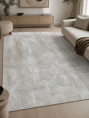 Merinos Jel Kaymaz Tabanlı 6 M² Modern Bej-Krem Desenli Yumuşak Dokulu Salon Halısı