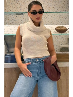 Madmext Bej Aura Kolsuz Balıkçı Yaka Triko Bluz MG2825