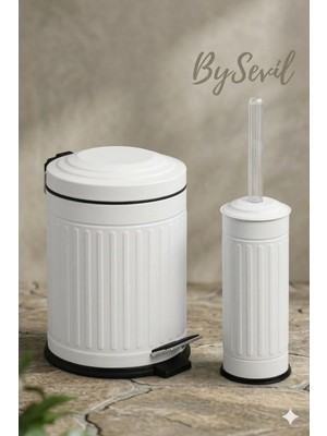 BYSEVİL Vintage Beyaz 2 Li Çöp Kovası Çöp Kutusu Banyo Seti Çizgili Model 5 Litre ve Wc Fırçası Seti
