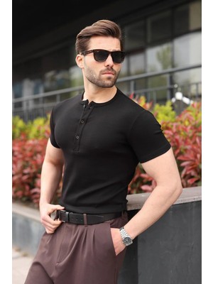 Madmext Siyah Yarım Düğmeli Slim Fit Erkek Tişört E7186