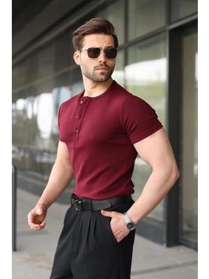 Madmext Bordo Yarım Düğmeli Slim Fit Erkek Tişört E7186