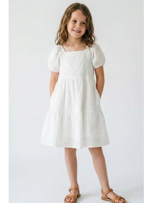 Breeze Kız Çocuk Elbise Çiçek Nakış Güpürlü Kolları Lastikli 6-12 Yaş, Ekru