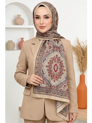 Hadiora Kadın Bej Kırmızı Mandala Desenli Organik Pamuk Soft Şal