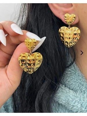 Çelik Dokulu Sallantılı Çift Kalp Gold Renk Küpe