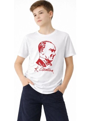 Giyim Center Erkek Çocuk Atatürk Baskılı Tişört Kısa Kollu Bisiklet Yaka T-Shirt - Beyaz