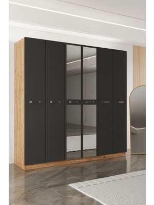 Aeka AE-2191 Hisar Atlantik Çam/antrasit Aynalı 6 Kapaklı Çok Bölmeli Askılı ve Raflı Geniş Hacimli Gardırop 210X210 cm