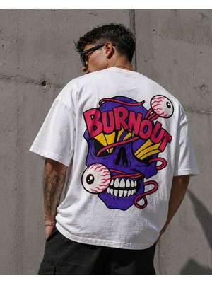 Oversize Beyaz Tişört – Burnout Baskı Desenli, %100 Pamuk, Unisex Streetwear